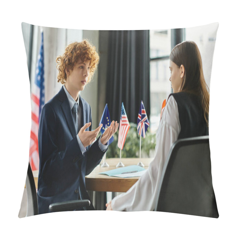 Personality  Two Teenagers Participate In A Model UN Simulation. Pillow Covers