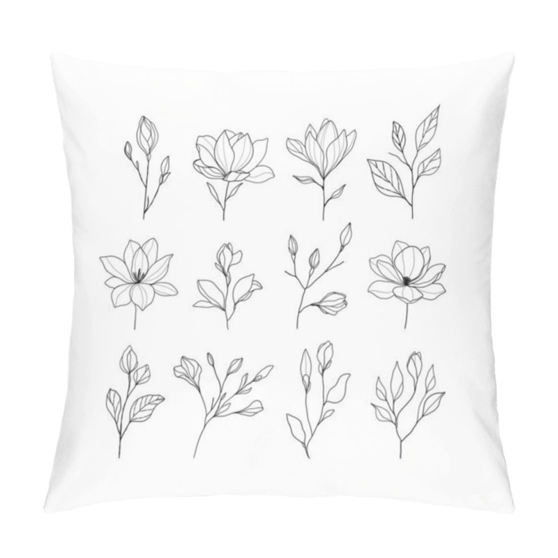 Personality  Magnolia Line Art Illustration With Delicate Petals And Branches In A Minimalist Black And White Style. Botanical Vector Illustration.  Pillow Covers