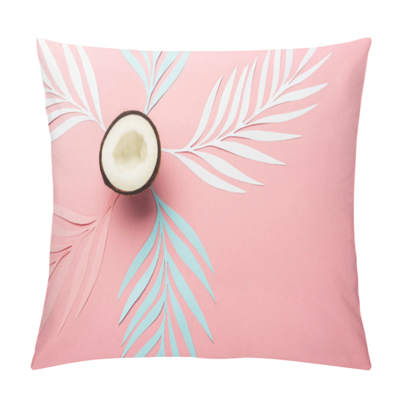 Personality  Top View Of White, Pink And Blue Paper Cut Palm Leaves And Coconut Half On Pink Background Pillow Covers