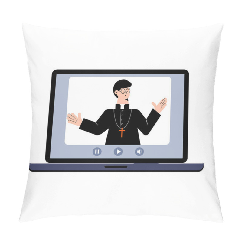 Personality  Pastor Gives A Lecture Or Sermon Online On Laptop Isolated On White Background. Pillow Covers