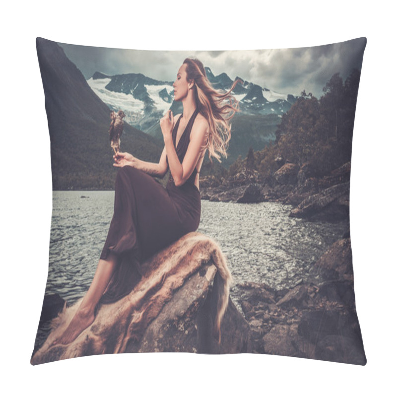 Personality  Nordic Goddess In Ritual Garment With Hawk Near Wild Mountain Lake In Innerdalen Valley. Pillow Covers