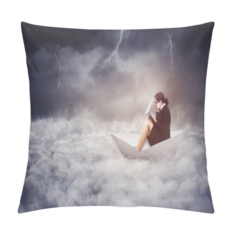 Personality  Scared Businesswoman Using A Laptop While Sailing On The Stormy Sea With Cloudy Sky Background Pillow Covers