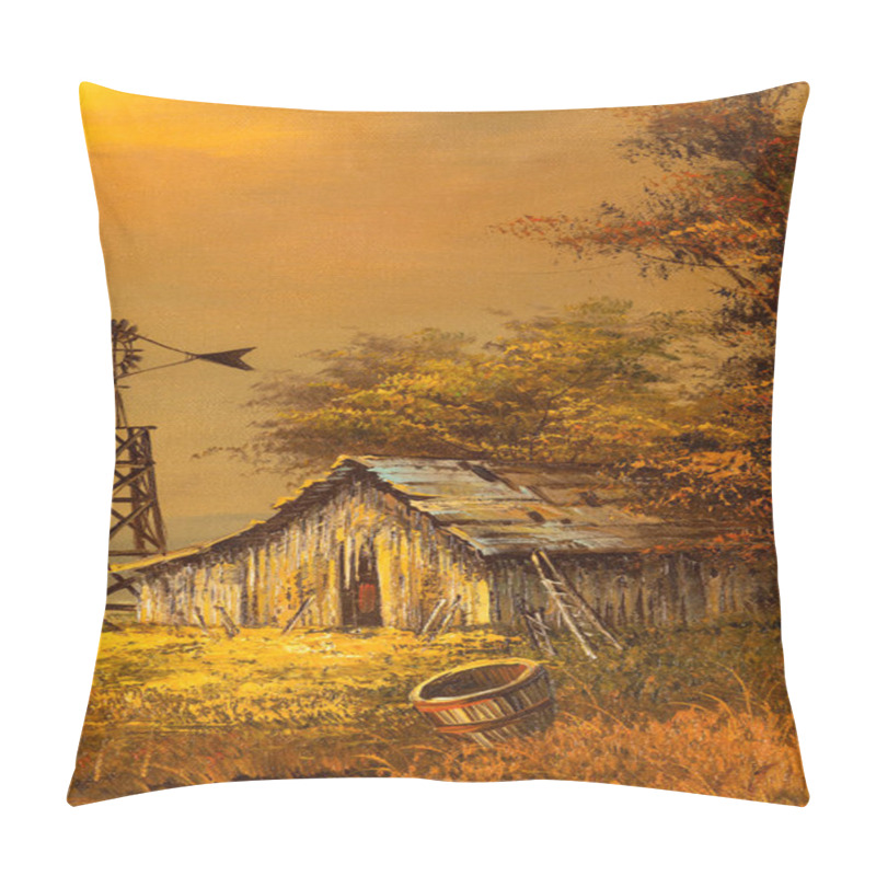 Personality  Vintage Landscape Oil Painting Detail Depicting A Country Scene With A Dilapidated Barn House And Windmill At Sunset. American Southwest Art. Pillow Covers