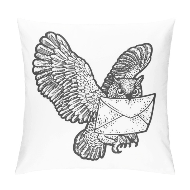 Personality  Owl With Mail Letter Sketch Engraving Vector Illustration. T-shirt Apparel Print Design. Scratch Board Imitation. Black And White Hand Drawn Image. Pillow Covers