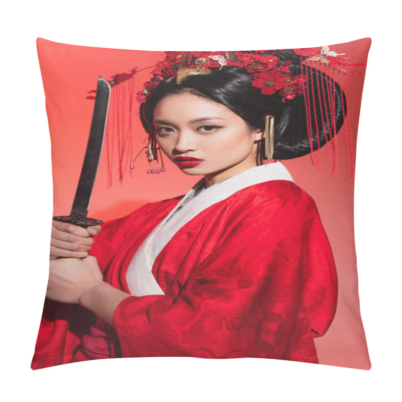 Personality  Asian Woman In Traditional Kimono Holding Sword On Red Background  Pillow Covers