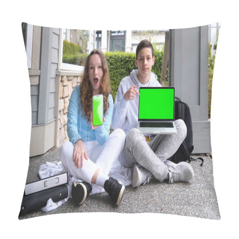 Personality  Cropped Image Of School Kids Preteen Boys And Girls Elementary Middle Pupils Sitting On The Stairs And Using Digital Devices Wireless Gadgets Laptop Tablet Smartphone Outdoors  Pillow Covers