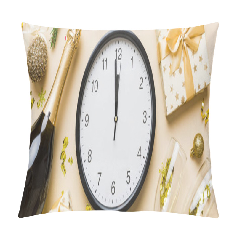 Personality  New Year Celebration Concept With A Bottle Of Champagne And Two Glasses Toasting. Christmas Gift Box, Alarm Clock And Fir Tree Branch On Colored Table. Top View Copy Space. Pillow Covers