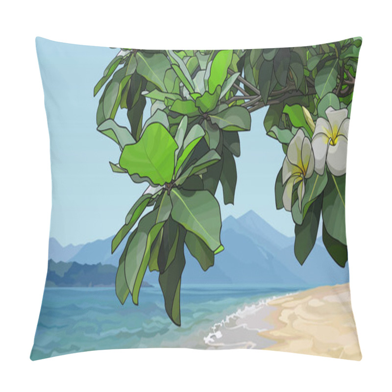 Personality  Tree Branch With Frangipani Flowers Against The Sea And Mountains Pillow Covers