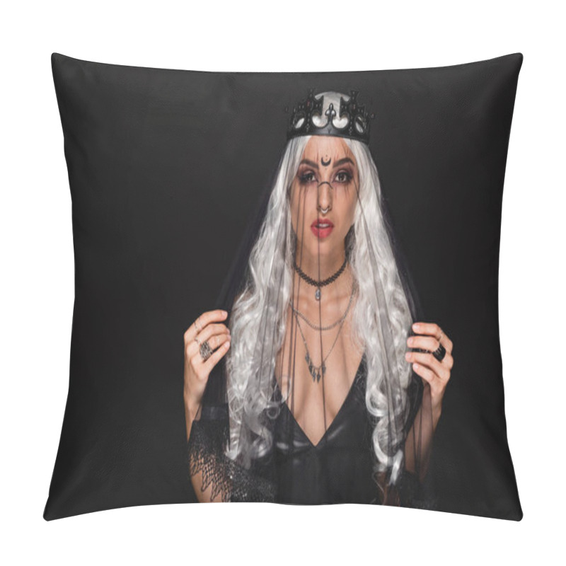 Personality  Blonde Witch Style Woman In Crown And Veil Looking At Camera Isolated On Black Pillow Covers