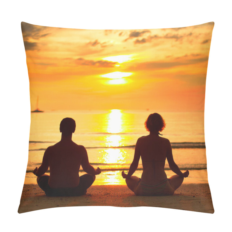 Personality  A Young Couple Sitting On The Beach Of The Sea In The Lotus Position At Sunset, Yoga Practice. Pillow Covers