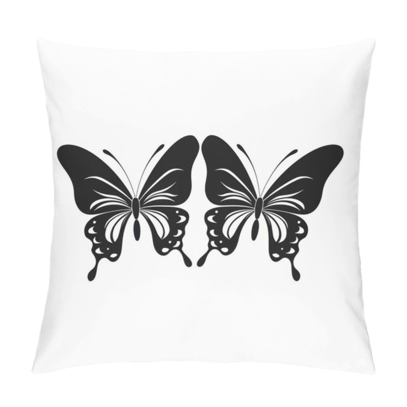 Personality  Two Intricately Designed Black Butterflies With Delicate Wing Patterns On A White Background. Pillow Covers