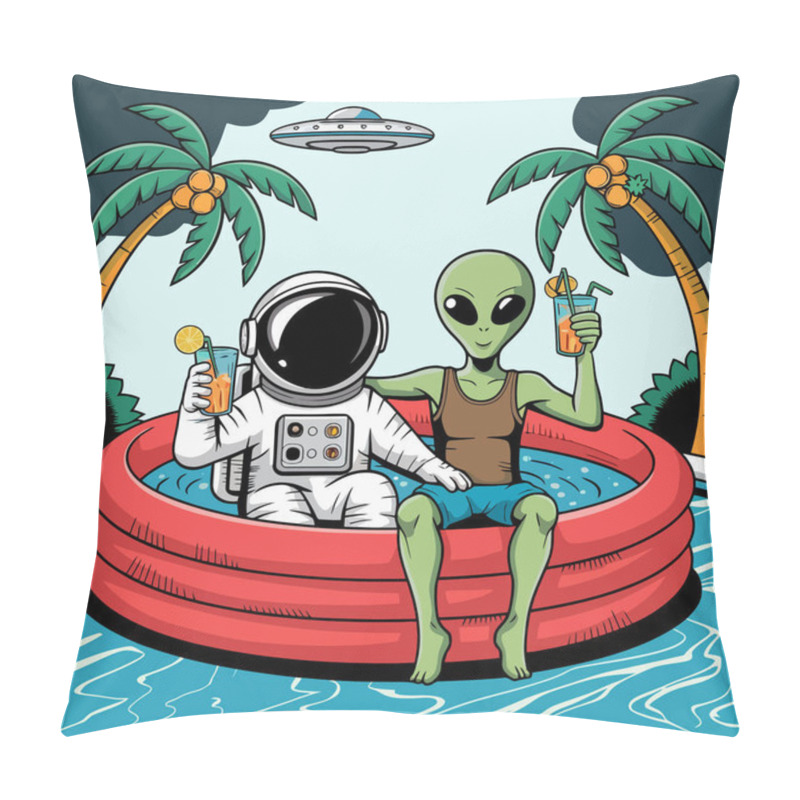 Personality  Alien And Astronaut Chilling In Pool With UFO And Drinks Pillow Covers