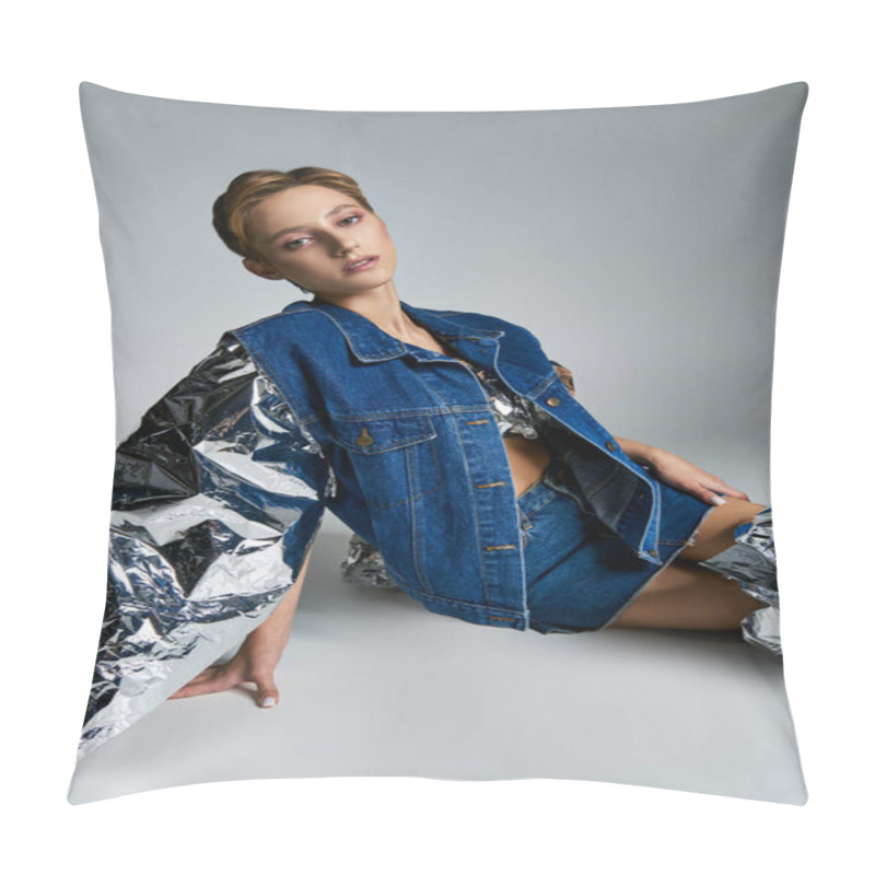 Personality  A Woman In A Denim Jacket With Reflective Sleeves Sits On A Light Gray Background. Pillow Covers