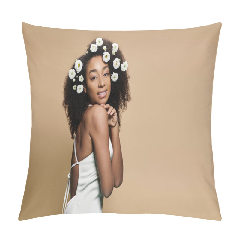 Personality  A Beautiful African American Woman With Natural Makeup And Flowers In Her Hair Poses Against A Beige Background. Pillow Covers