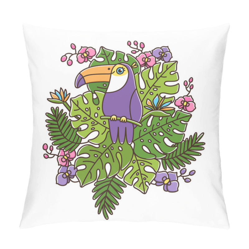 Personality  Toucan Bird Is Sitting On A Branch In Tropical Leaves And Flowers On A White Background. It Can Be Used For Sticker, Patch, Phone Case, Poster, T-shirt, Mug And Other Design. Pillow Covers