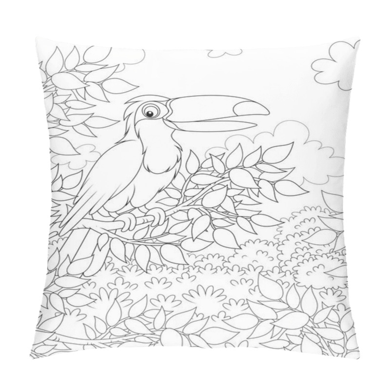 Personality  Toucan With A Funny Beak Perched On A Tree Branch In Tropical Jungle On A Sunny Summer Day, Black And White Vector Illustrations In A Cartoon Style For A Coloring Book Pillow Covers