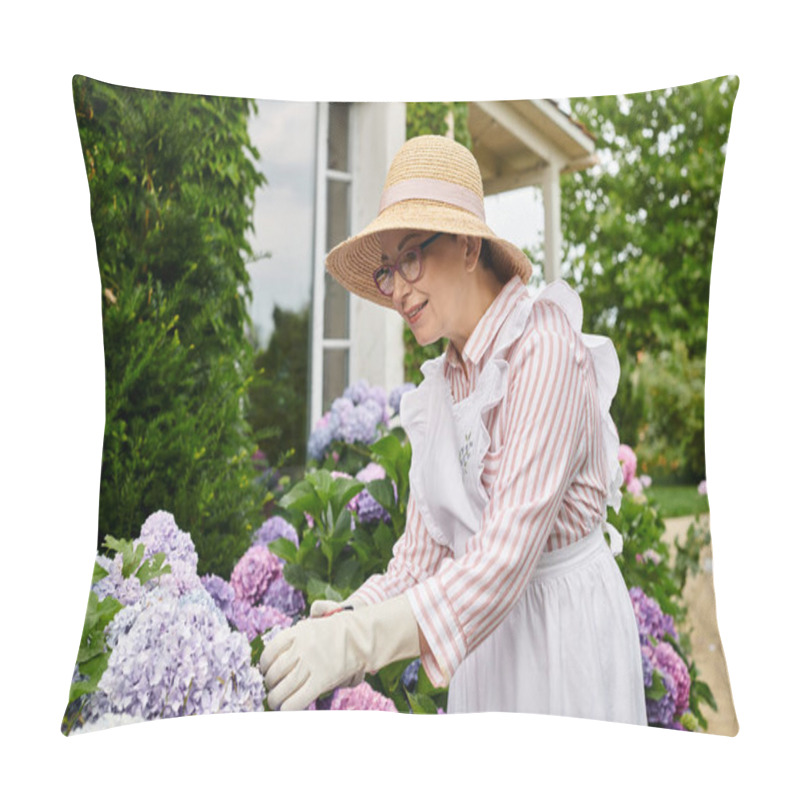 Personality  Good Looking Jolly Mature Woman With Apron And Glasses Taking Care Of Her Beautiful Hydrangea Pillow Covers