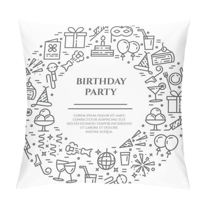 Personality  Birthday Party Theme Banner Consisting Of Line Icons With Editable Stroke In Form Of Circle With Copy Space. Pillow Covers