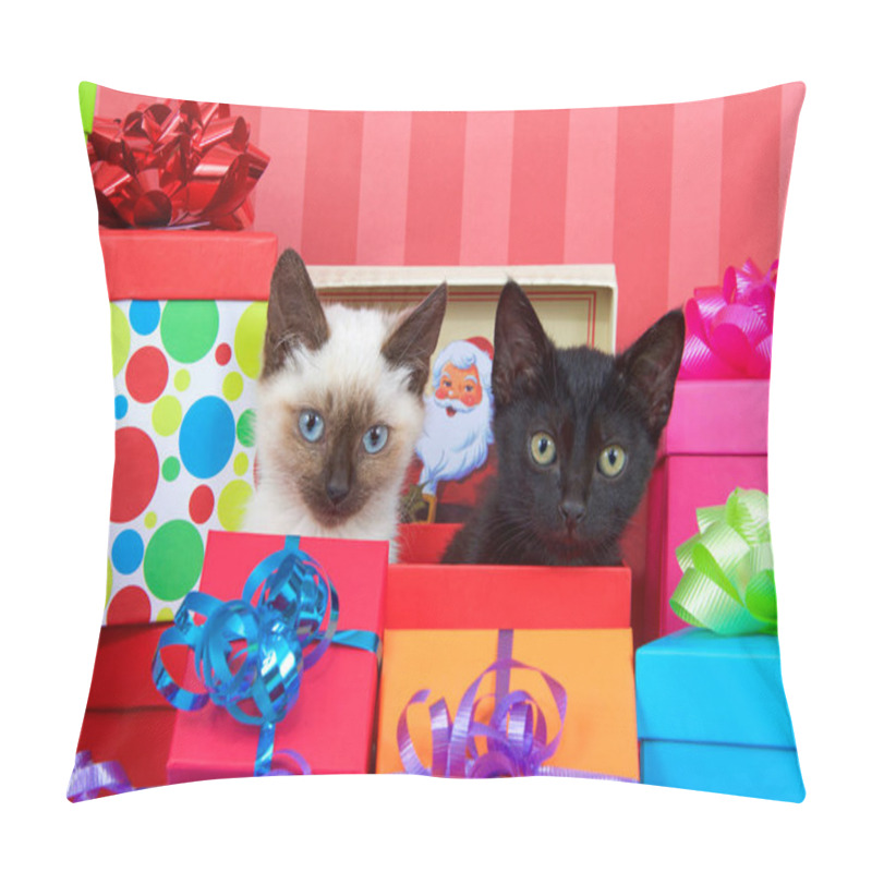 Personality  Black Kitten With Yellow Eyes Next To Siamese Kitten With Blue Eyes In Red Christmas Present Box, Ribbons And Bows On Presents Around Them On A Red Striped Background Looking At Viewer. Copy Space Pillow Covers