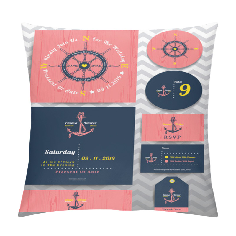 Personality  Nautical Wedding Invitation And RSVP Card Template Set On Pink W Pillow Covers