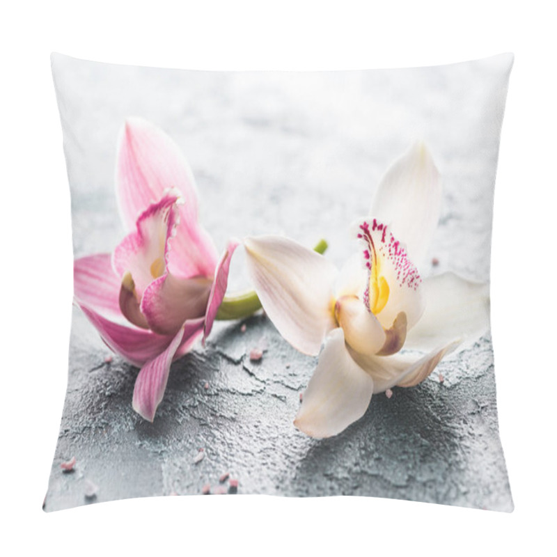 Personality  Close-up View Of Beautiful Pink And White Orchid Flowers And Sea Salt Pillow Covers