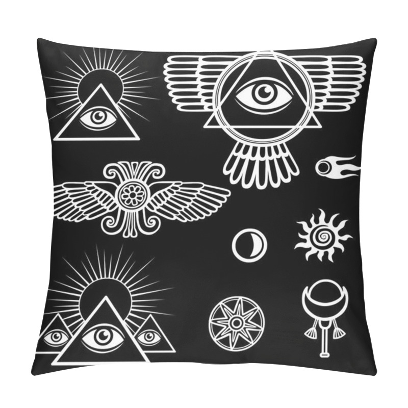 Personality  Set Of Esoteric Symbols: Wings, Pyramid, Eye, Moon, Sun, Comet, Star. The Isolated White Contour On A Black Background. Pillow Covers