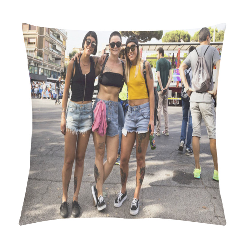 Personality  Ostia Lido Rome, Italy - July 14, 2018 : People Have Fun And Participate At The Lazio Pride Event. It S Event For The Rights, Protection And Pride Of LGBTI People (Lesbian, Gay, Bisex, Trans And Intersex). Pillow Covers