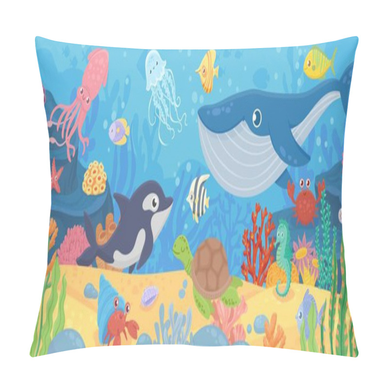 Personality  Underwater Ocean Life. Dolphin, Exotic Fishes And Crab, Squid. Bottom Seaweeds, Sea Turtle And Marine Reef Animals. Cartoon Vector Seascape Pillow Covers