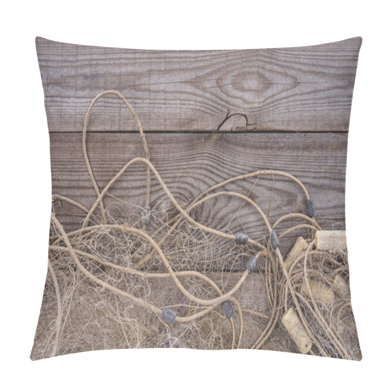 Personality  Flat Lay With Fishing Net On Wooden Background Pillow Covers