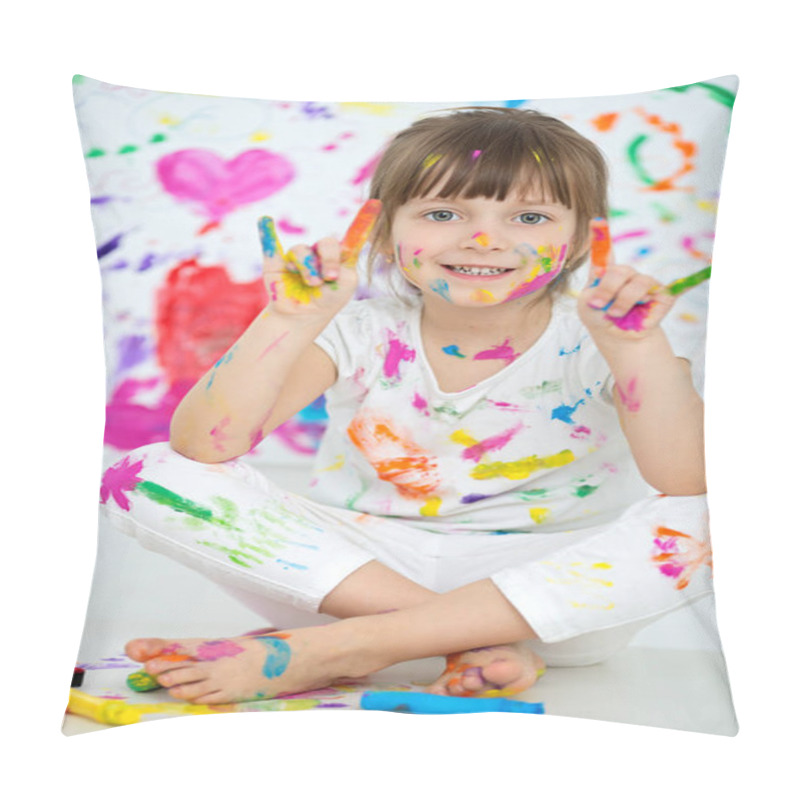 Personality  Portrait Of A Cute Cheerful Happy Little Girl Showing Her Hands Painted In Bright Colors Pillow Covers