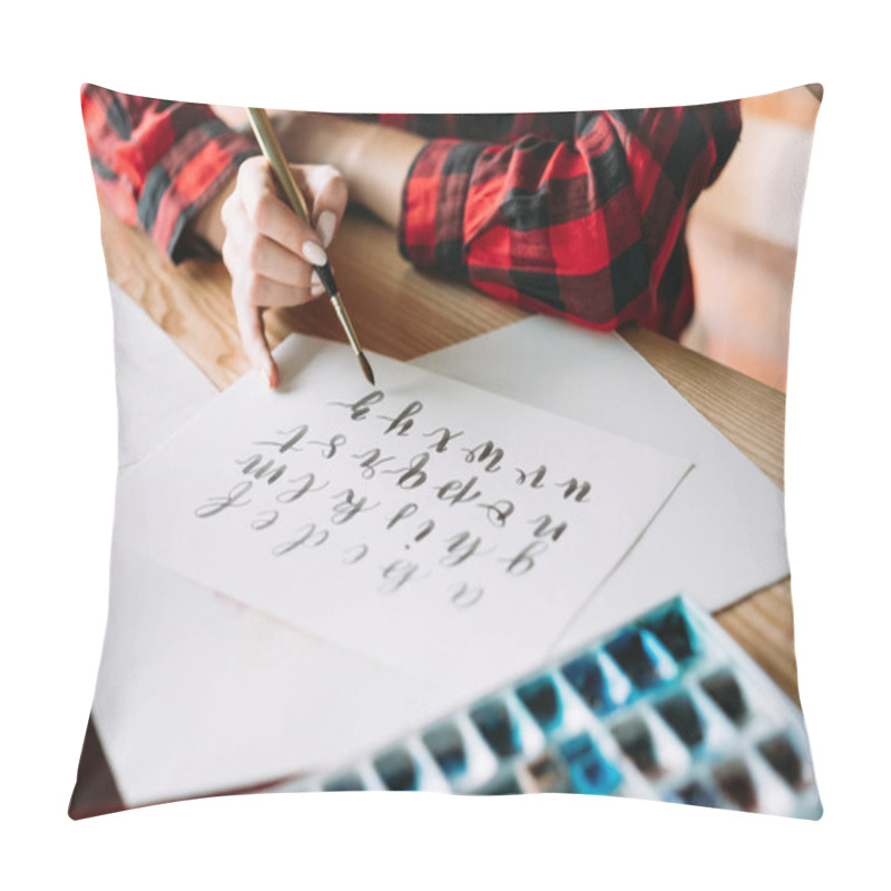 Personality  Handwritten Alphabet. Woman Mastering Brush Lettering Craft And Calligraphy Art. Artful Hobby And Creative Leisure. Pillow Covers