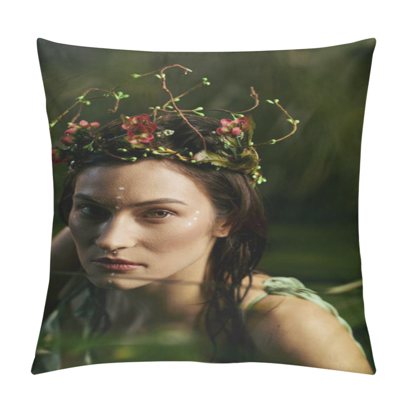 Personality  A Woman Poses In A Natural Setting, Wearing A Floral Crown. Pillow Covers