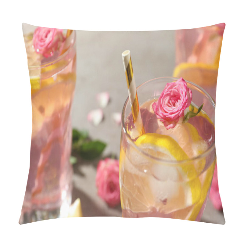 Personality  Delicious Refreshing Drink With Rose Flowers And Lemon Slices On Light Grey Table, Closeup Pillow Covers