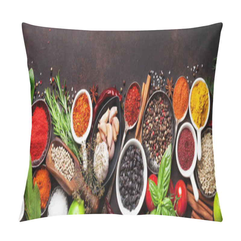 Personality  Various Spices And Herbs On Stone Table. Top View Flat Lay Pillow Covers