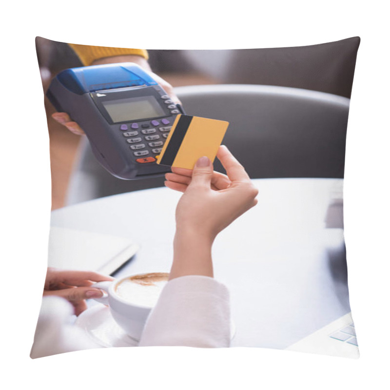 Personality  Partial View Of Woman Holding Credit Card Near Credit Card Reader In Hand Of Waiter Pillow Covers