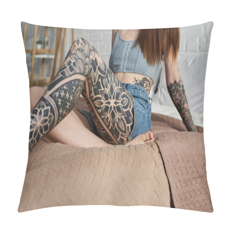 Personality  A Young Woman With Intricate Tattoos On Her Legs And Arms Relaxes On A Bed In A Modern Apartment. Pillow Covers