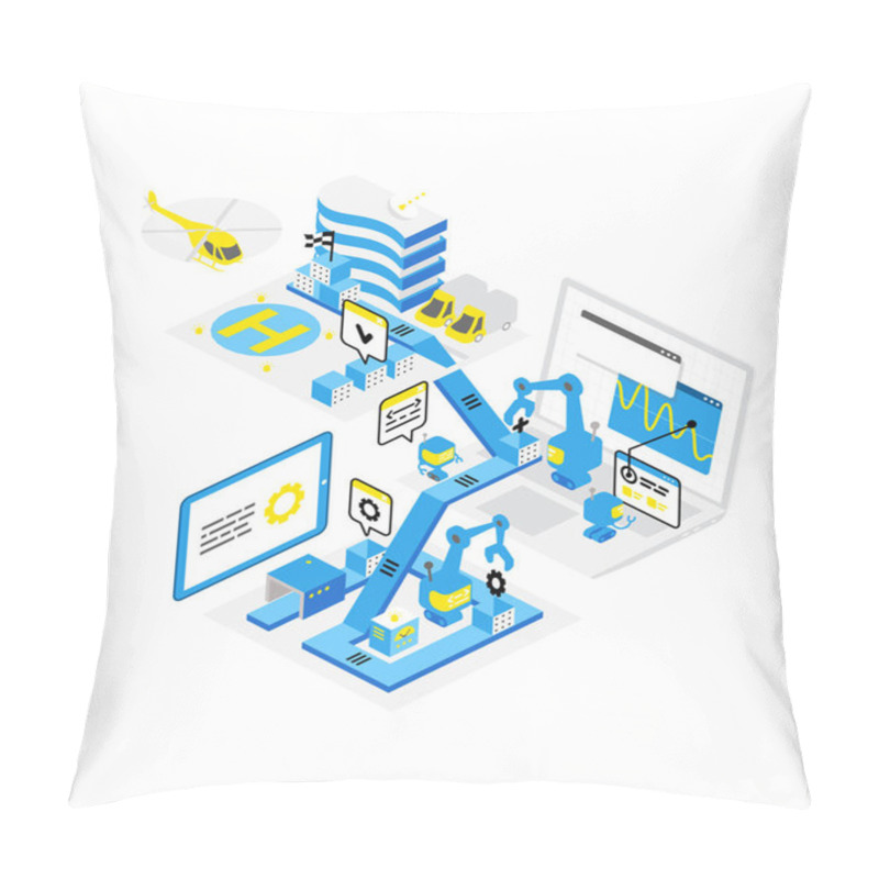 Personality  Software Development Levels. Technological Conveyor. Programming And Testing Robots Laptop. Isometric Infographic. Blue Color Concept. Pillow Covers