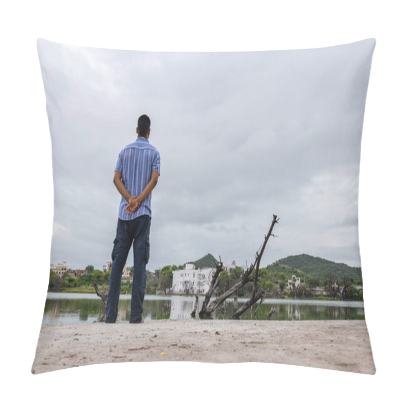 Personality  Young Man Watching Pristine Calm Lake With Dramatic Sky At Morning Pillow Covers