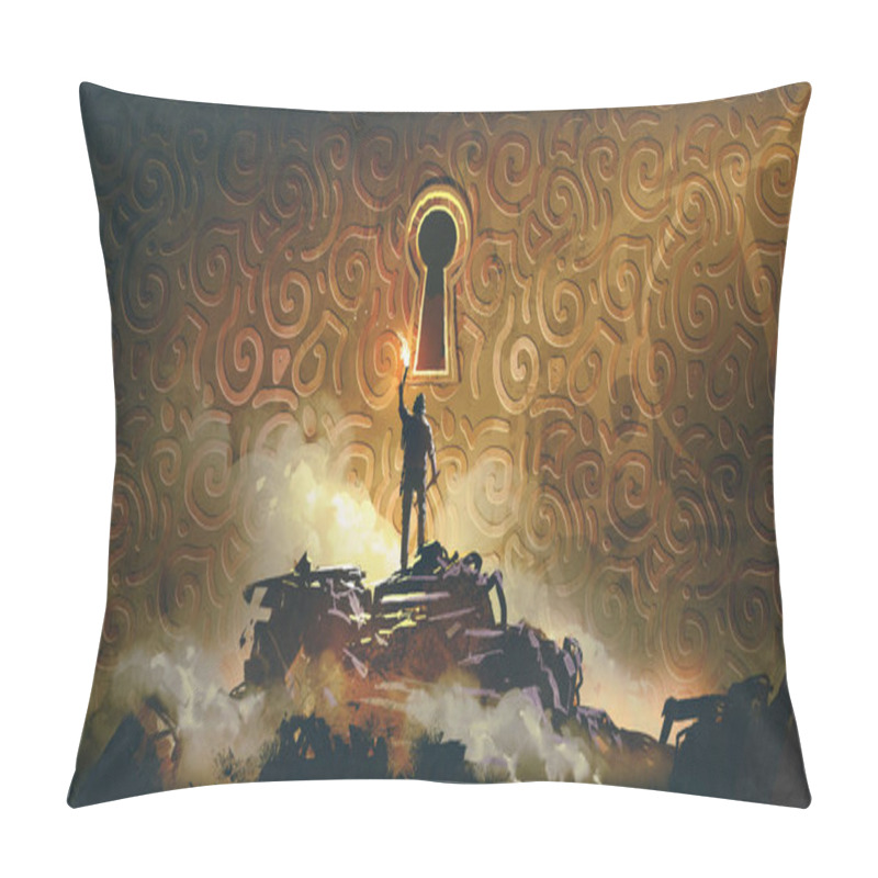 Personality  The Adventure Man With A Torch Standing And Looking At A Large Keyhole On The Brass Wall, Digital Art Style, Illustration Painting Pillow Covers