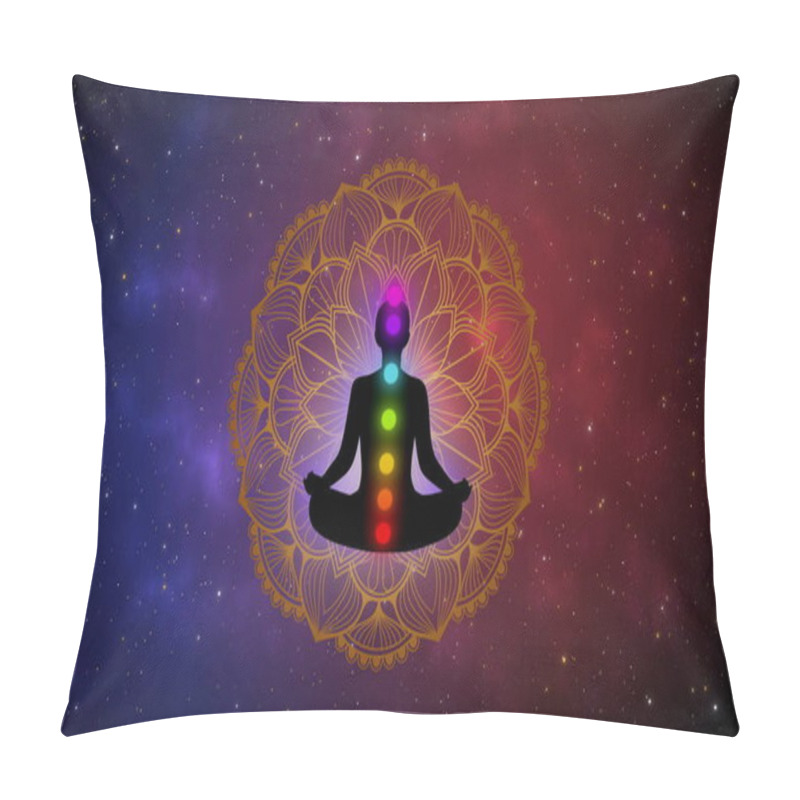 Personality  Abstract Silhouette Meditation Man And Seven Chakra On Gold Mandala In The Beautiful Of The Universe. Pillow Covers