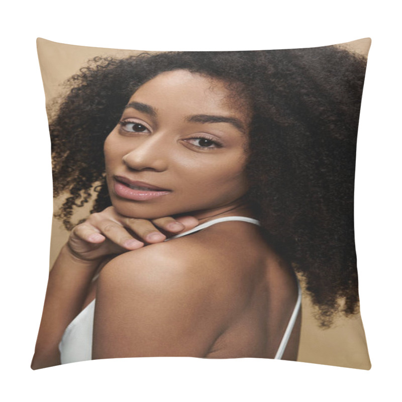 Personality  Close-up Of Beautiful African American Woman With Natural Makeup, Afro Hair, Confident Expression On Beige Background. Pillow Covers