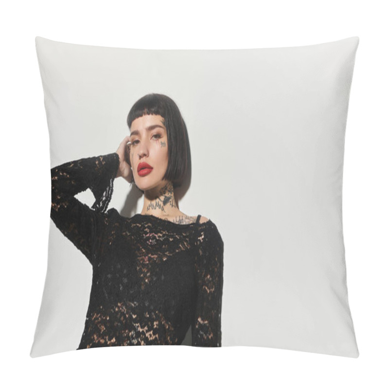 Personality  Fashionable Woman Poses Confidently With Striking Tattoos Against A Simple Backdrop. Pillow Covers