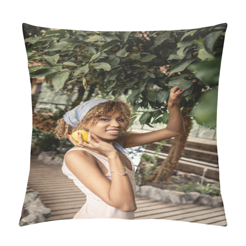 Personality  Portrait Of Young And Cheerful African American Woman With Braces Wearing Summer Outfit And Holding Fresh Lemon Near Tree In Blurred Indoor Garden, Stylish Woman With Tropical Plants At Backdrop Pillow Covers