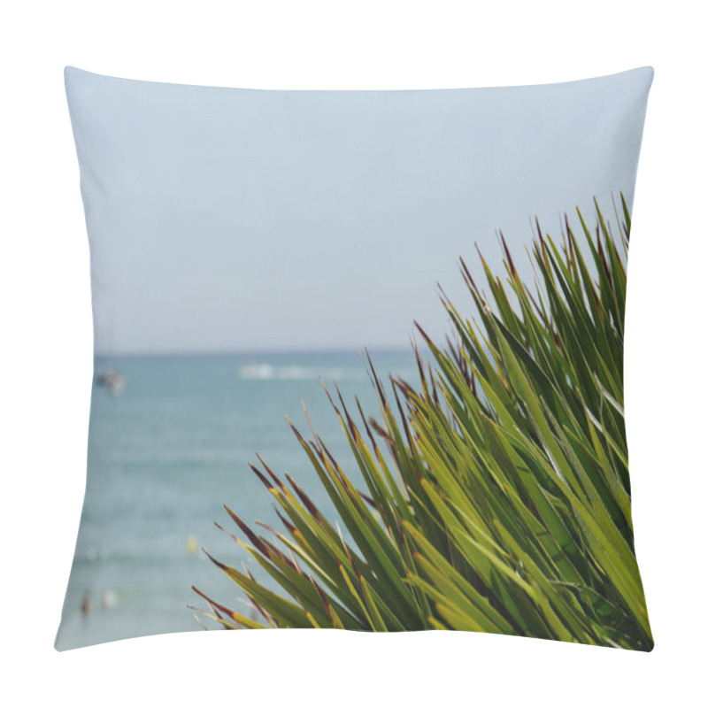 Personality  Selective Focus Of Green Brunches Of Palm Trees With Sea And Blue Sky At Background In Catalonia, Spain  Pillow Covers