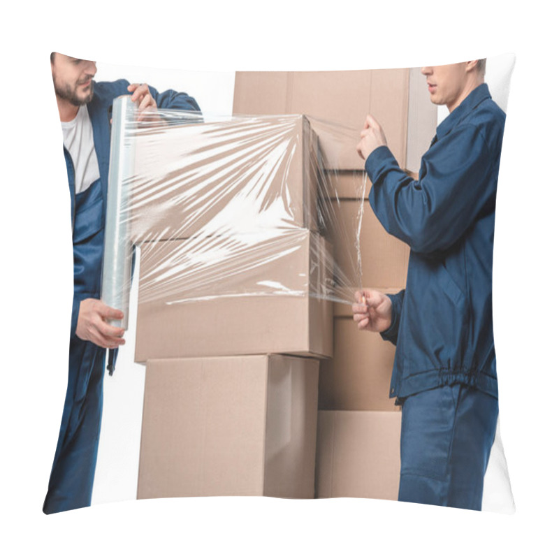 Personality  Two Movers Wrapping Cardboard Boxes With Roll Of Stretch Film Isolated On White Pillow Covers