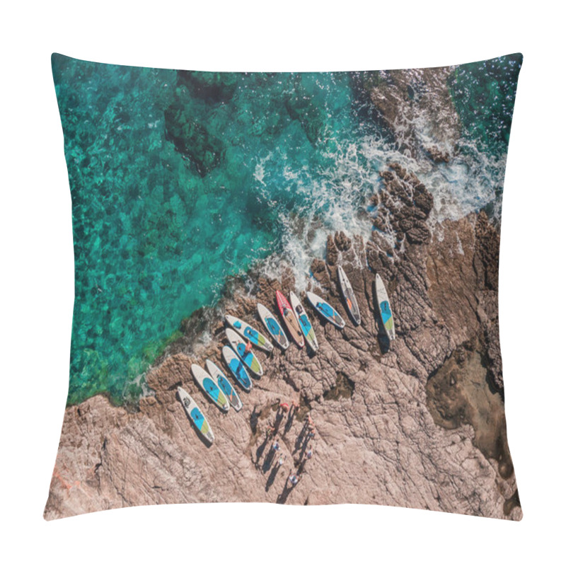 Personality  SUP Paddleboards Lined Up On Rocky Shoreline With Crystal Clear Turquoise Waters Pillow Covers