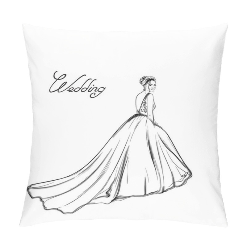 Personality  Bride Silhouette Vector Line Art. Beautiful Long Dress . Template For Design Cards Pillow Covers