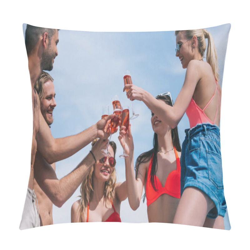 Personality  Low Angle View Of Happy Young Friends Clinking Glasses Of Wine Outdoors Pillow Covers