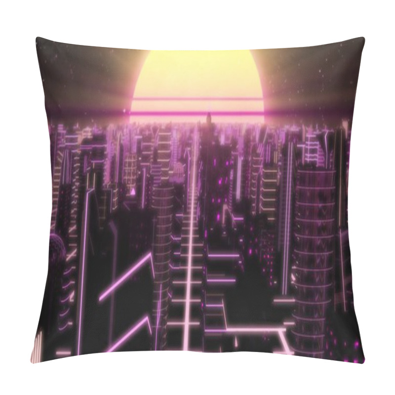 Personality  Fly Through Neon City Outrun Synthwave Buildings With 80s Retro Sun - Abstract Background Texture Pillow Covers