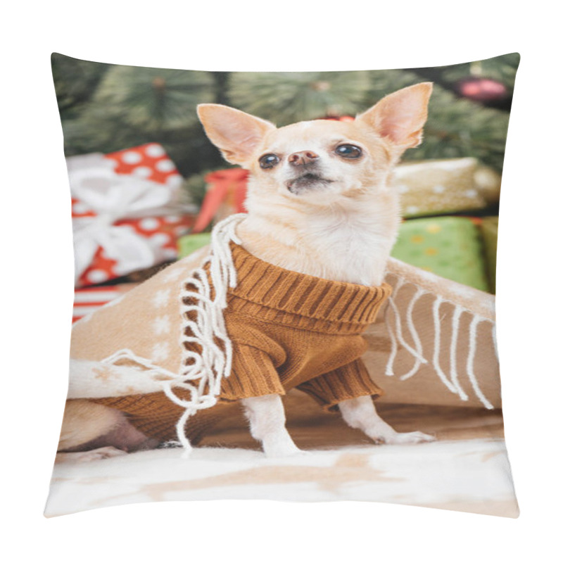 Personality  Close Up View Of Adorable Little Chihuahua Dog In Blanket With Christmas Presents On Background Pillow Covers